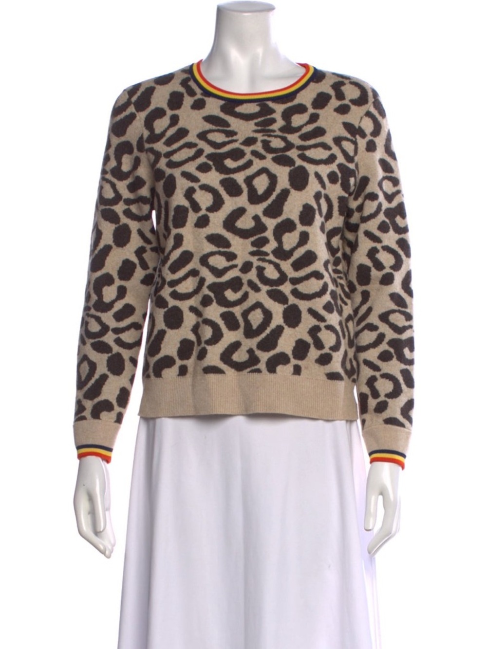 KULE Leopard Print Crewneck Sweater Rainbow Trim Lambswool Cashmere Blend XS